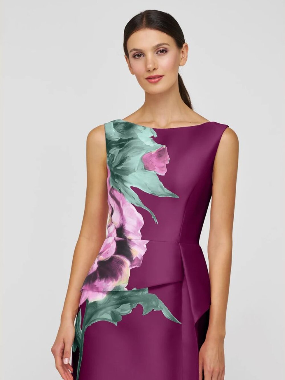 Kay Unger Mulberry Purple Luciana Placed Floral Mikado Column Gown - Picture 4 of 4